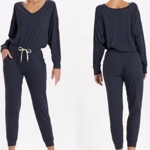 Vuori Navy V-Neck Jumpsuit with Drawstring Waist